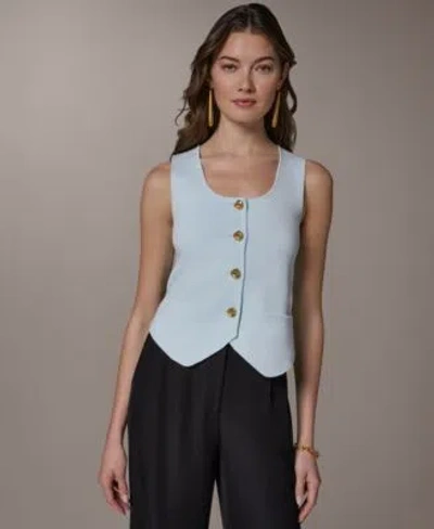 Donna Karan Womens Scoop Neck Button Up Sweater Vest In Blue