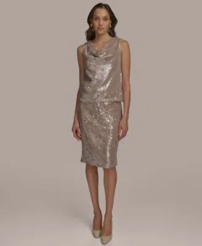 Donna Karan Womens Sequin Cowl Neck Top Pencil Skirt In Brown