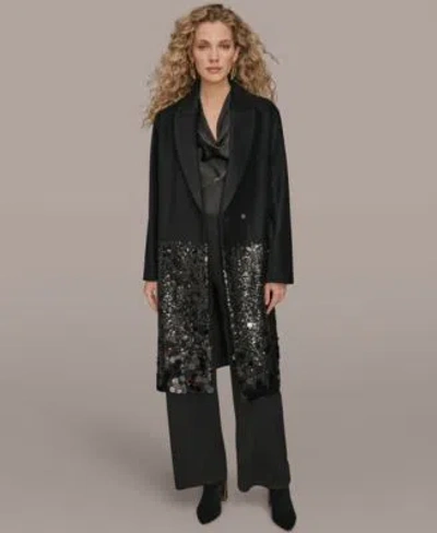 Donna Karan Womens Sequin Embellished Coat Satin Top Wide Leg Pants In Black