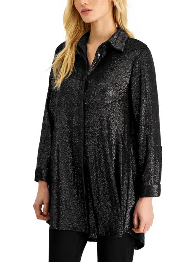 Donna Karan Womens Sequined Polyester Tunic Top In Black