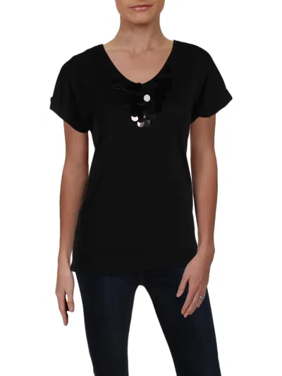 Donna Karan Womens Sequined Short Sleeves T-shirt In Black