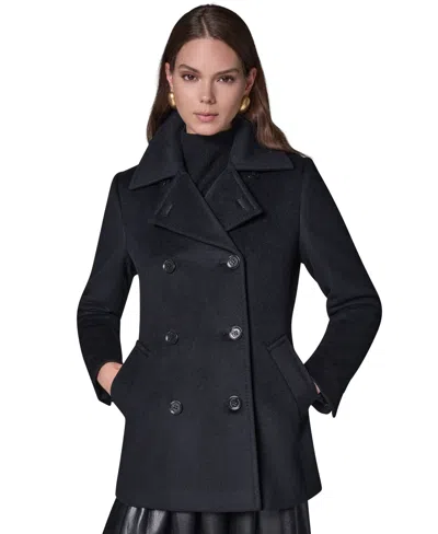 Donna Karan Womens Short Double Breasted Wool Coat In Black