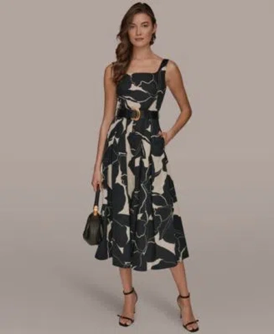 Donna Karan Womens Sleeveless Square Neck Floral A Line Midi Dress In Black