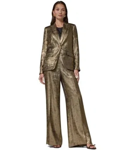 Donna Karan Womens Statement Peak Lapel Velvet Blazer Wide Leg Pull On Metallic Pants In Gold