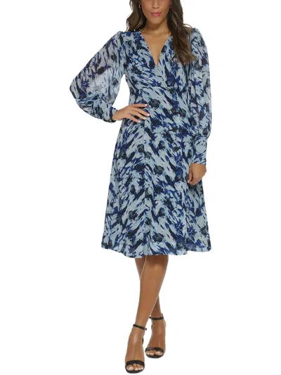 Donna Karan Womens Surplice Polyester Wrap Dress In Blue