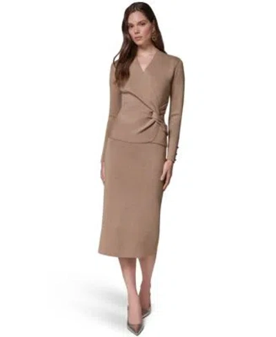 Donna Karan Womens V Neck Long Sleeve Fitted Sweater Straight Knit Midi High Waisted Skirt In Nude