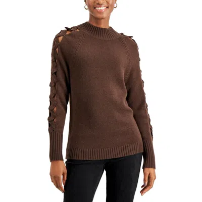 Donna Karan Womens Wool Blend Crochet Trim Mock Turtleneck Sweater In Brown