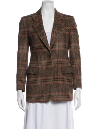 Pre-owned Donna Karan Wool Plaid Print Blazer In Brown