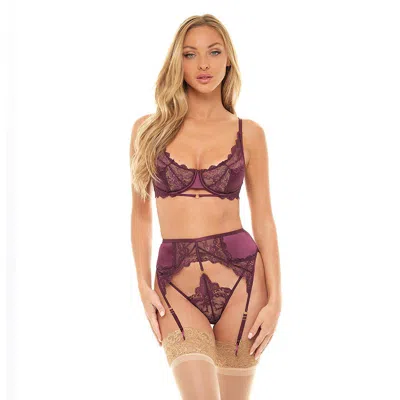 Donna Lace Trim Satin Underwire Bra Thong & Garter Belt Set In Purple