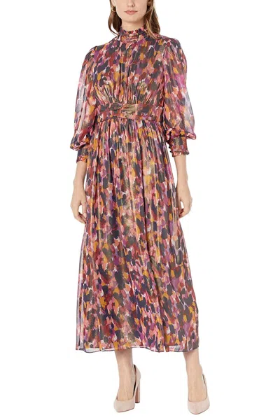 Donna Morgan Abstract Print Mock Neck Midi Dress In Soft Wht Raspberry In Pink