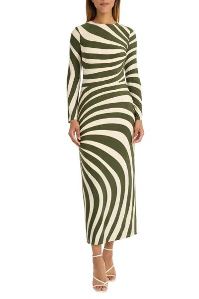 Donna Morgan Abstract Stripe Long Sleeve Dress In Ivory Cedar Green