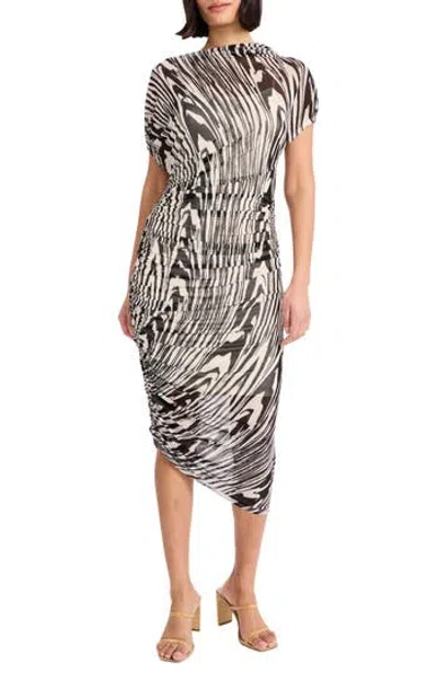 Donna Morgan Bev Asymmetric Short Sleeve Ruched Mesh Midi Dress In Black