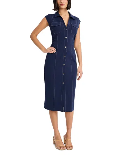 Donna Morgan Cap Sleeve Button Front Midi Dress In Blue