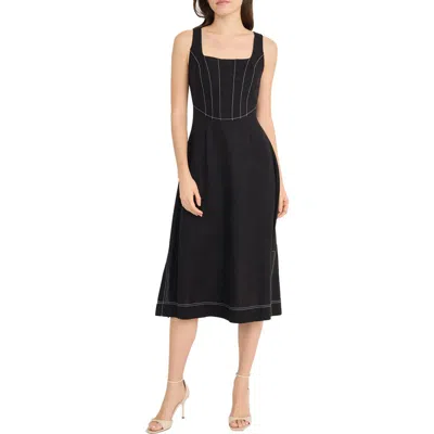 Donna Morgan Contrast Topstitch Sleeveless Linen Blend Midi Dress In Black