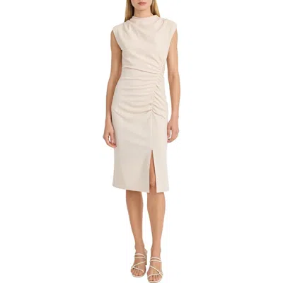 Donna Morgan Cowl Neck Sleeveless Ruched Midi Dress In Neutral