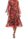 Donna Morgan Floral Mock Neck Tiered Ruffle A-line Midi Dress In Black Hot Coral In Multi