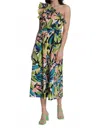 Donna Morgan Floral One Shoulder Midi Dress In Olive Green In Multi