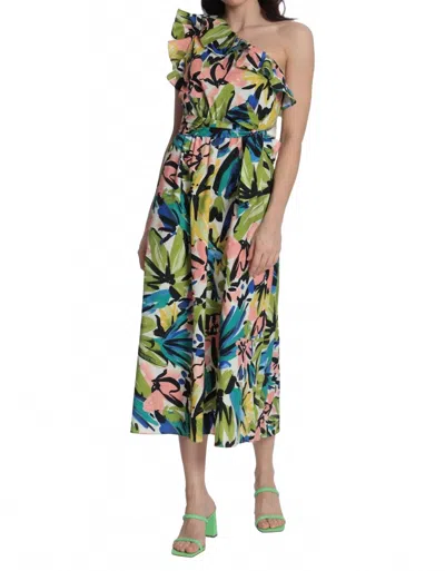 Donna Morgan Floral One Shoulder Midi Dress In Olive Green In Multi