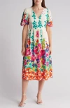 Donna Morgan Floral Puff Sleeve Midi Dress In Ivory/hot Pink