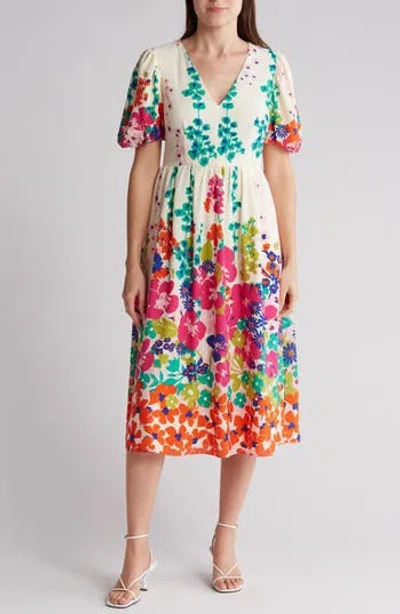 Donna Morgan Floral Puff Sleeve Midi Dress In Ivory/hot Pink
