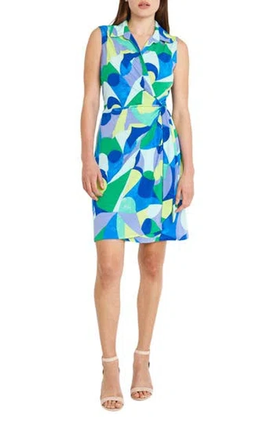 Donna Morgan For Maggy Abstract Print Wrap Front Sleeveless Dress In Lime Green/bright Lavender