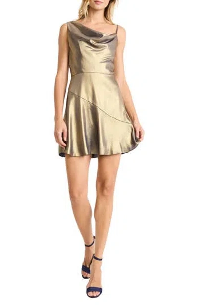 Donna Morgan For Maggy Asymmetric Cowl Neck Lamé Minidress In Champagne