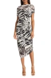 Donna Morgan For Maggy Asymmetric Ruched Midi Dress In Cream/black