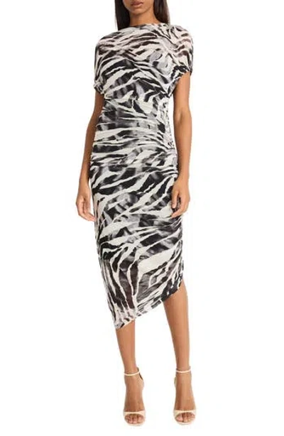 Donna Morgan For Maggy Asymmetric Ruched Midi Dress In Cream/black
