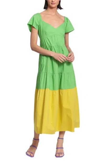 Donna Morgan For Maggy Colorblock Short Sleeve Stretch Cotton Maxi Dress In Green/yellow