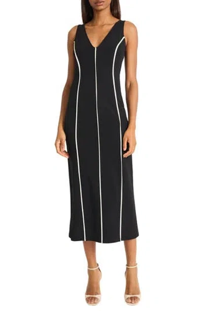 Donna Morgan For Maggy Contrast Piping Sleeveless Midi Dress In Black/ivory