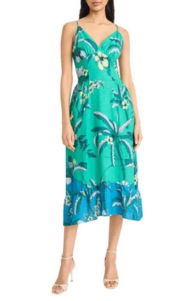 Donna Morgan For Maggy Floral Linen Blend Fit & Flare Midi Dress In Blue