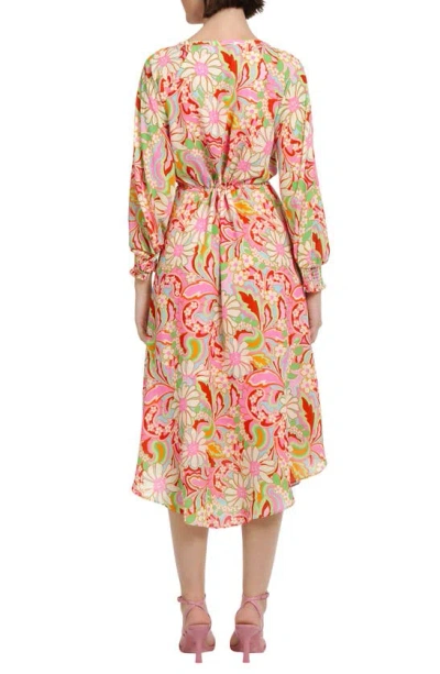 Donna Morgan For Maggy Floral Long Sleeve Button Front Maxi Dress In Aqua/ Red