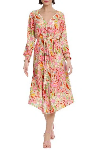 Donna Morgan For Maggy Floral Long Sleeve Button Front Maxi Dress In Aqua/red