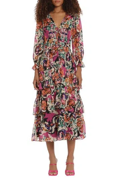 Donna Morgan For Maggy Floral Long Sleeve Button Front Tiered Maxi Dress In Cream/hot Pink