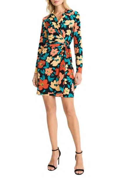Donna Morgan For Maggy Floral Long Sleeve Matte Jersey Shirtdress In Black/apricot
