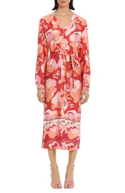 Donna Morgan For Maggy Floral Print Long Sleeve Belted Midi Shirtdress In Brick Red/apricot