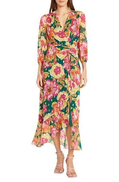 Donna Morgan For Maggy Floral Print Metallic Long Sleeve High/low Maxi Dress In Green/raspberry