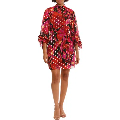 Donna Morgan For Maggy Floral Ruffle Flare Sleeve Dress In Black/red