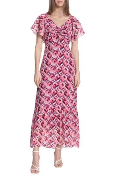 Donna Morgan For Maggy Geo Print Flutter Sleeve Maxi Dress In Pink/purple