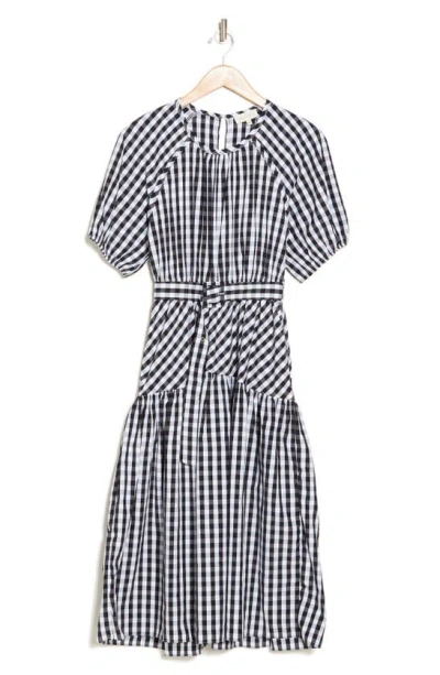 Donna Morgan For Maggy Gingham Belted Stretch Cotton Dress In Iguana