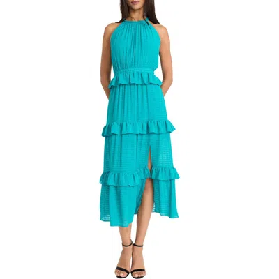 Donna Morgan For Maggy Halter Neck Ruffle Tiered Midi Dress