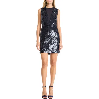 Donna Morgan For Maggy Illusion Neck Sequin Minidress In Navy