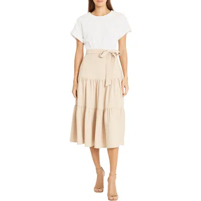 Donna Morgan For Maggy Jersey Mixed Media Midi Dress In Beige
