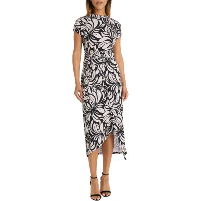 Donna Morgan For Maggy Leaf Asymmetric Midi Dress In Black/tan