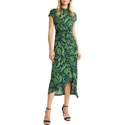 Donna Morgan For Maggy Leaf Asymmetric Midi Dress In Navy/olive