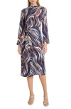 Donna Morgan For Maggy Long Sleeve Wrap Waist Midi Dress In Navy/brown