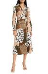Donna Morgan For Maggy Mix Print Asymmetric Shirtdress In Cinnamon/deep Olive