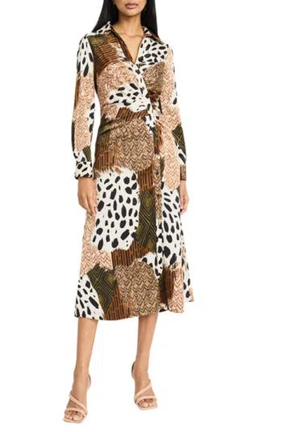 Donna Morgan For Maggy Mix Print Asymmetric Shirtdress In Cinnamon/deep Olive