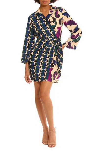 Donna Morgan For Maggy Mixed Print Long Sleeve Wrap Minidress In Bone/pine