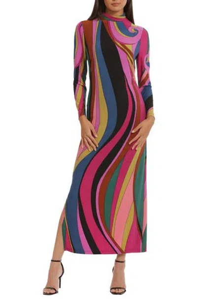 Donna Morgan For Maggy Mock Neck Long Sleeve Maxi Dress In Golden Palm/raspberry